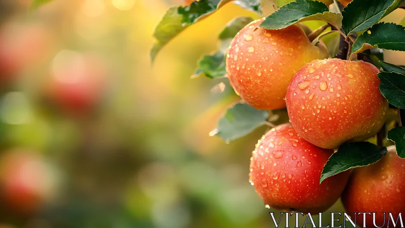 Water droplets cover ripe apples clustered on a tree branch