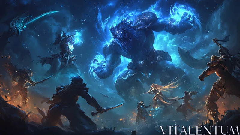 Colossal blue titan facing fiery warriors in cosmic clash.