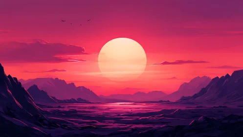 Vast alien canyon glows under oversized crimson sun