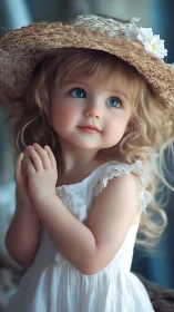 Young child in straw hat with white summer dress portrait.