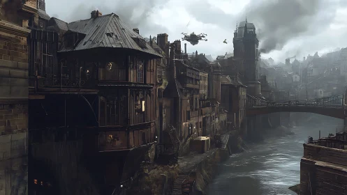 Steampunk riverfront metropolis with airship and iron skybridge