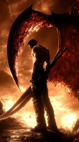 Winged humanoid figure with sword in backlit fiery scene.