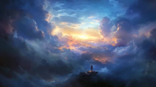 Wonder-filled traveler watches sunrise unfold above clouds