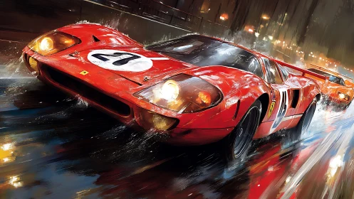 Vintage red race car storms wet night city circuit.