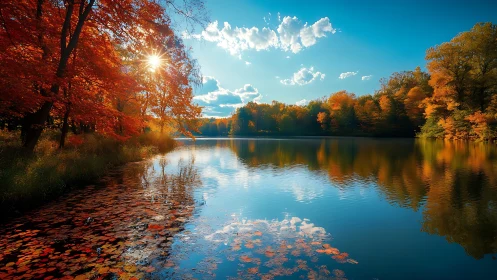 Autumn deciduous forest surrounding reflective lake surface.