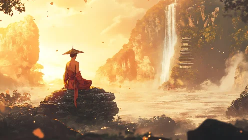 Monk figure on riverside rock facing waterfall and pagoda.