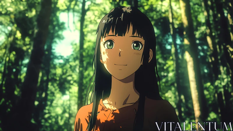 Anime girl standing in sunlit forest environment.