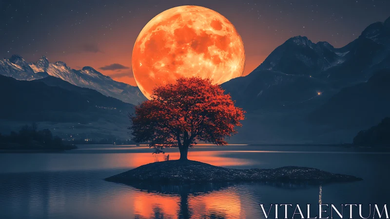 Lone ember tree crowned by colossal harvest moonrise.