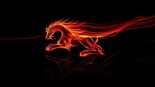 Fiery neon horse silhouette sprints across black void