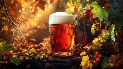 Autumnal lager stein amid hops, fruit and diffuse bokeh glow.