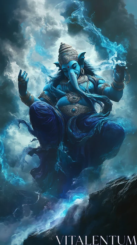 Mythic blue deity in levitating storm-cloud ascension pose.