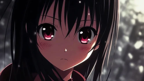 Snow-dim street, crimson-eyed girl holding back a storm.