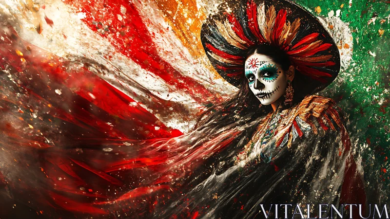 Day of the Dead woman in vibrant swirling colors portrait.