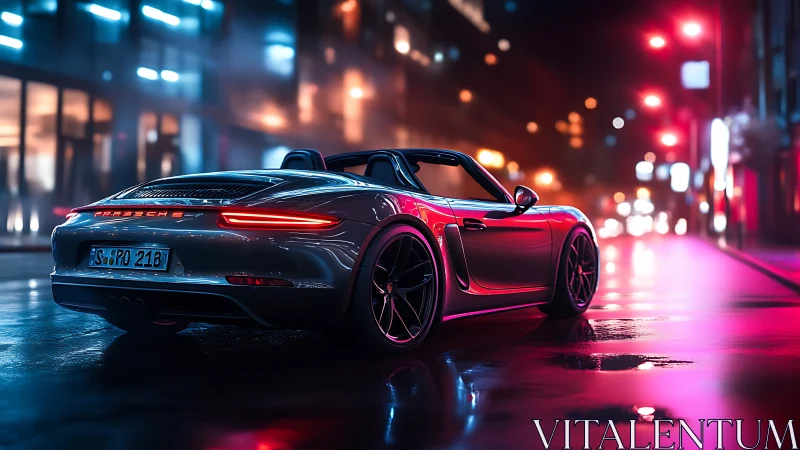 Neon-lit silver roadster under glossy cinematic night rain.