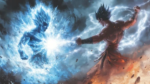 Elemental duel between blue energy avatar and fighter