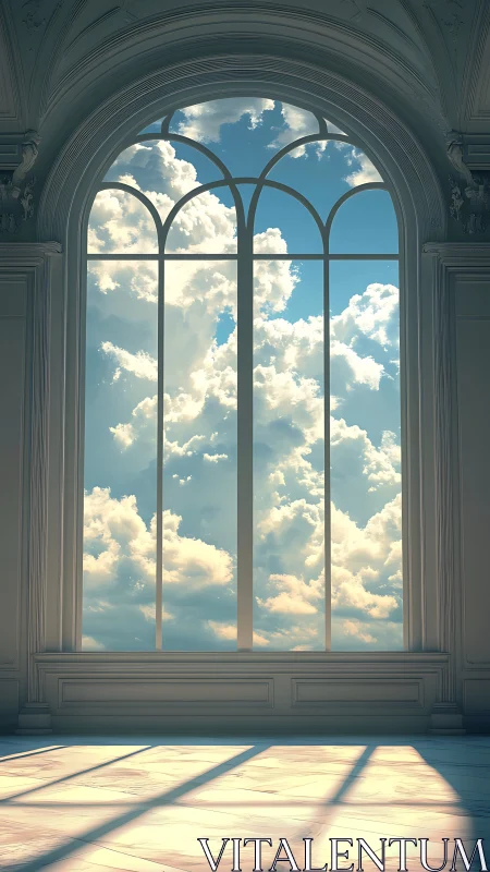 Neoclassical atrium window framing luminous cloudscape.