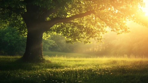 Majestic Oak Tree in Sunlit Meadow, Nature Landscape Photography.