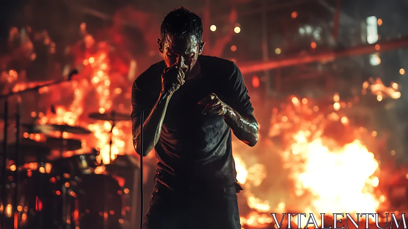 Rock vocalist performing amid stage fire effects.