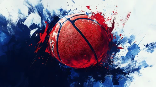 Explosive red basketball bursting through electric paintstorm.