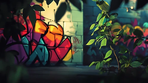 Graffiti wall partially obscured by sharply lit foliage