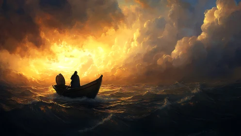 Lone fishing boat silhouettes against blazing ocean sunrise