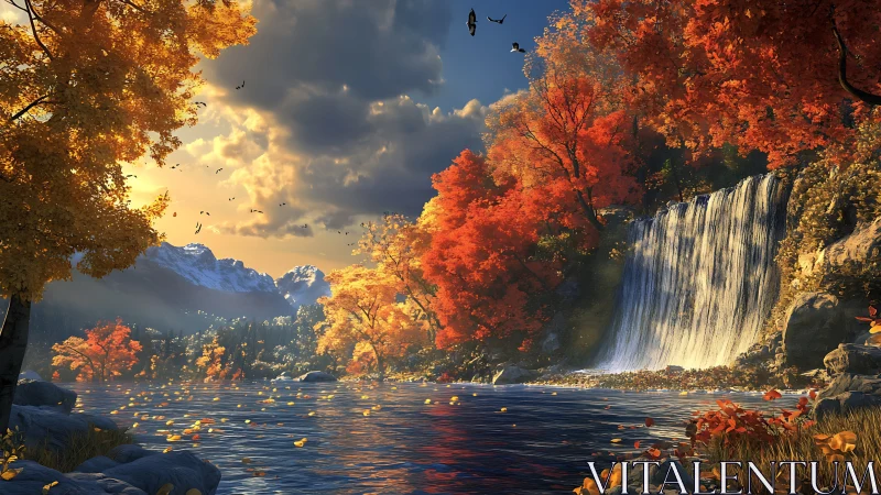 Digital painting of autumn cascade with atmospheric depth stabilization.