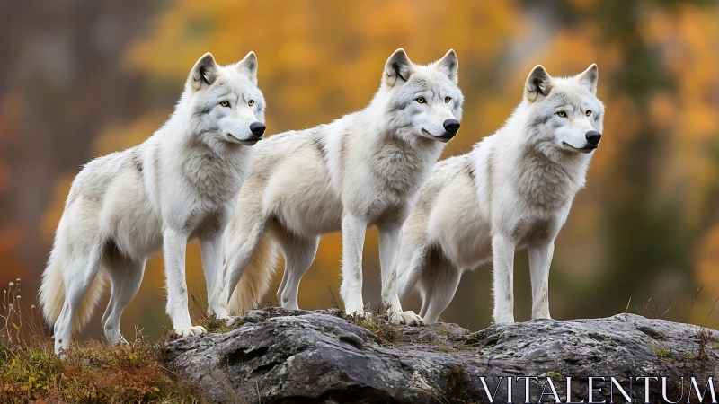 White wolf trio surveys rocky ridge in autumn forest