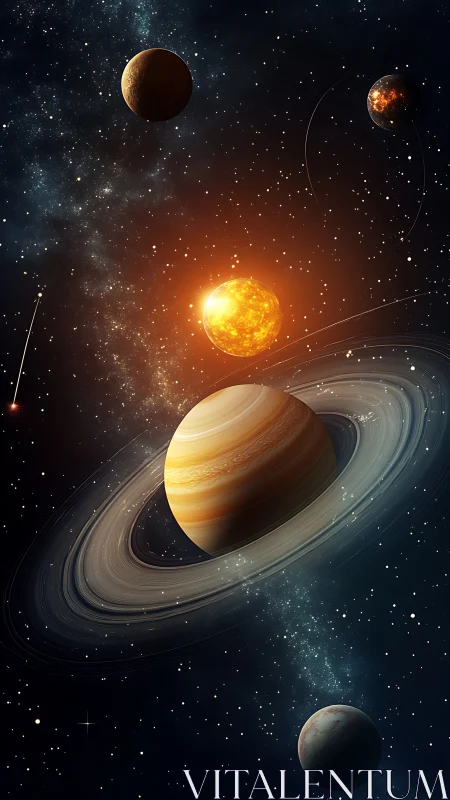 Multi-planet ringed gas giant under warm stellar illumination in space