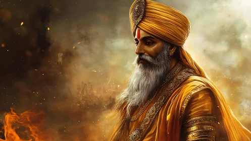 Ember-crowned warrior saint walks through memory’s smoke