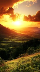 Sunset fire rolls over valleys while hills whisper in green