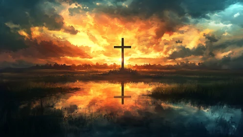 Lone cross ignites a storm-lit sky above mirrored waters.