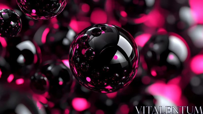 Glossy black spheres with pink neon reflections in abstract 3D style.