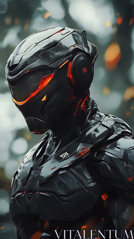 Silent ember-lit cyber warrior paused between two worlds.