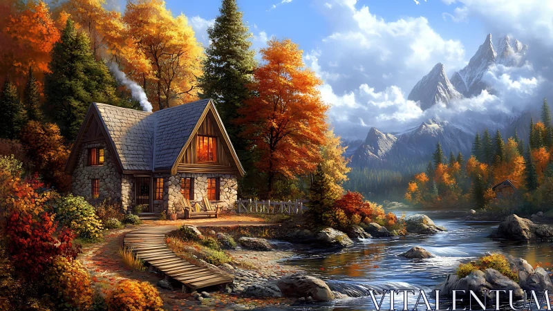 Cozy stone cabin glows beside an autumn river and peaks
