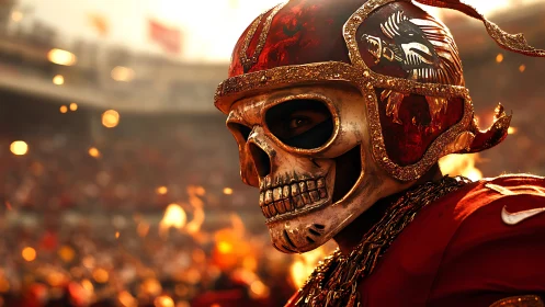 Flaming skull-masked fan stands ablaze in roaring stadium heat