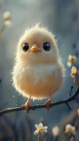 Ethereal Chick Perched on Branch Amid Blossoms.