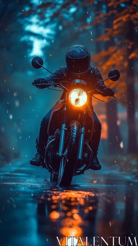 Motorcyclist rides through neon rain on a misty forest road.
