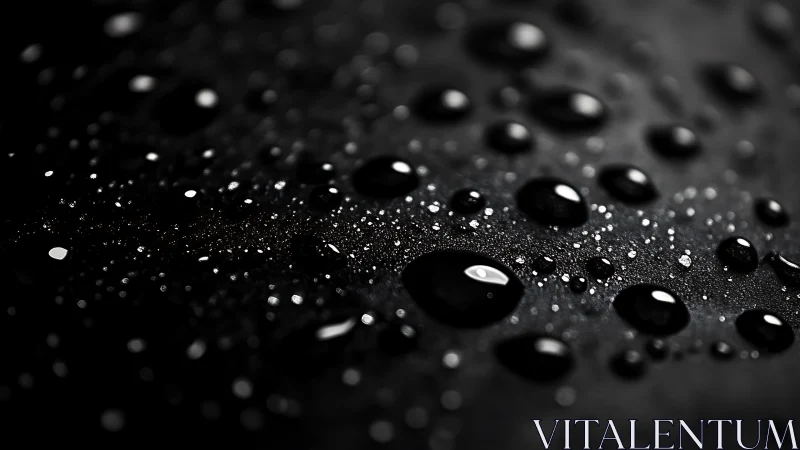 Glistening water droplets shimmer across a dark surface
