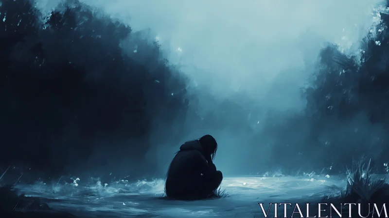 Solitary midnight figure curled inside a storm of quiet blues.