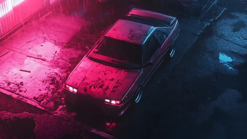 Cyberpunk coupe in neon rainfall, cinematic overhead framing.