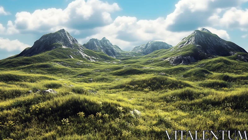 Sunlit green hills and gentle mountains under soft clouds.