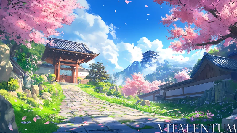 Sunlit temple path beneath drifting cherry blossoms.
