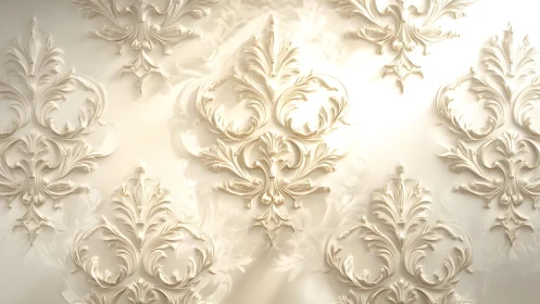 Elegant baroque damask wallpaper with ornate cream patterns.