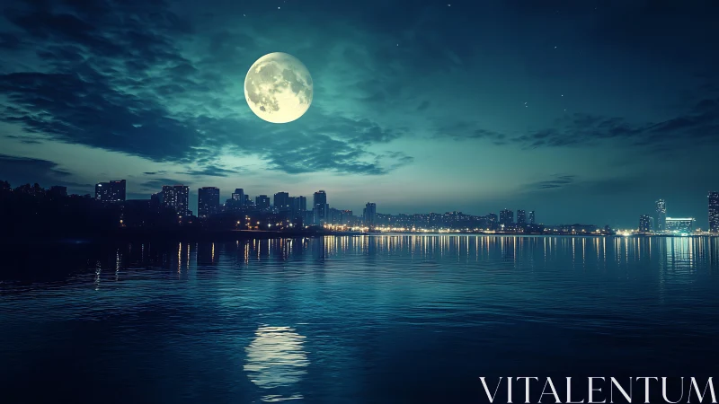 Full moon over calm city waterfront at night skyline.