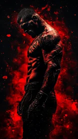 Silhouetted fighter in red splatter inferno profile portrait.