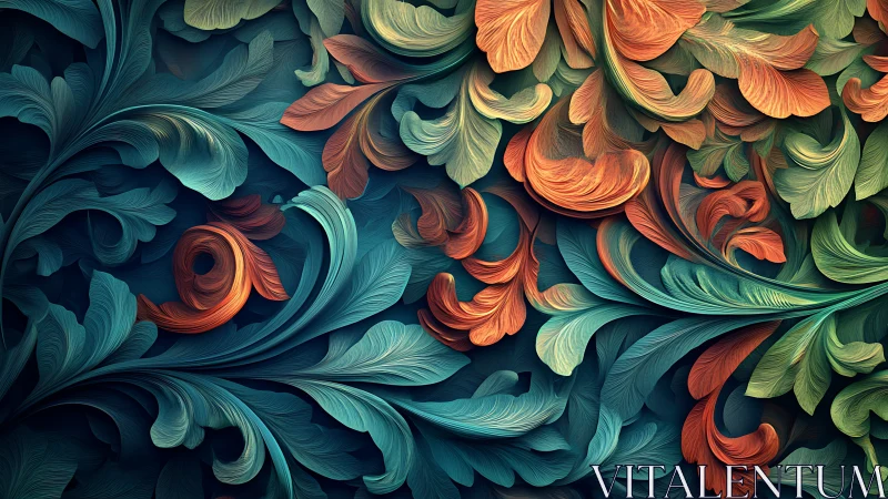 Flourishing abstract foliage unfolds in rich teal and ember tones