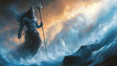 Mythic blue figure with trident amid turbulent seascape.