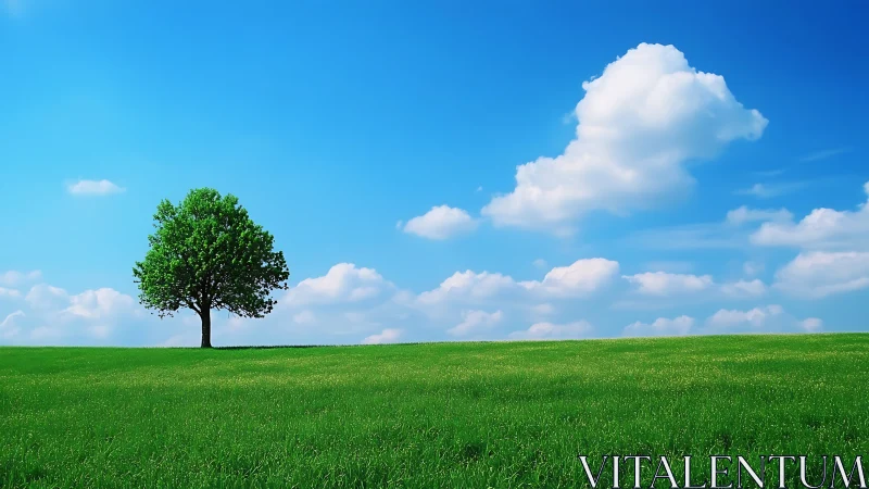 Lone Green Tree on Open Field Under Blue Sky, Minimalist Nature.