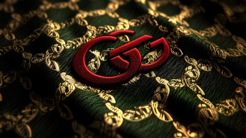 Luxurious red double-G emblem on patterned silk fabric background.