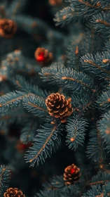Close-up of evergreen branches with multiple pine cones.